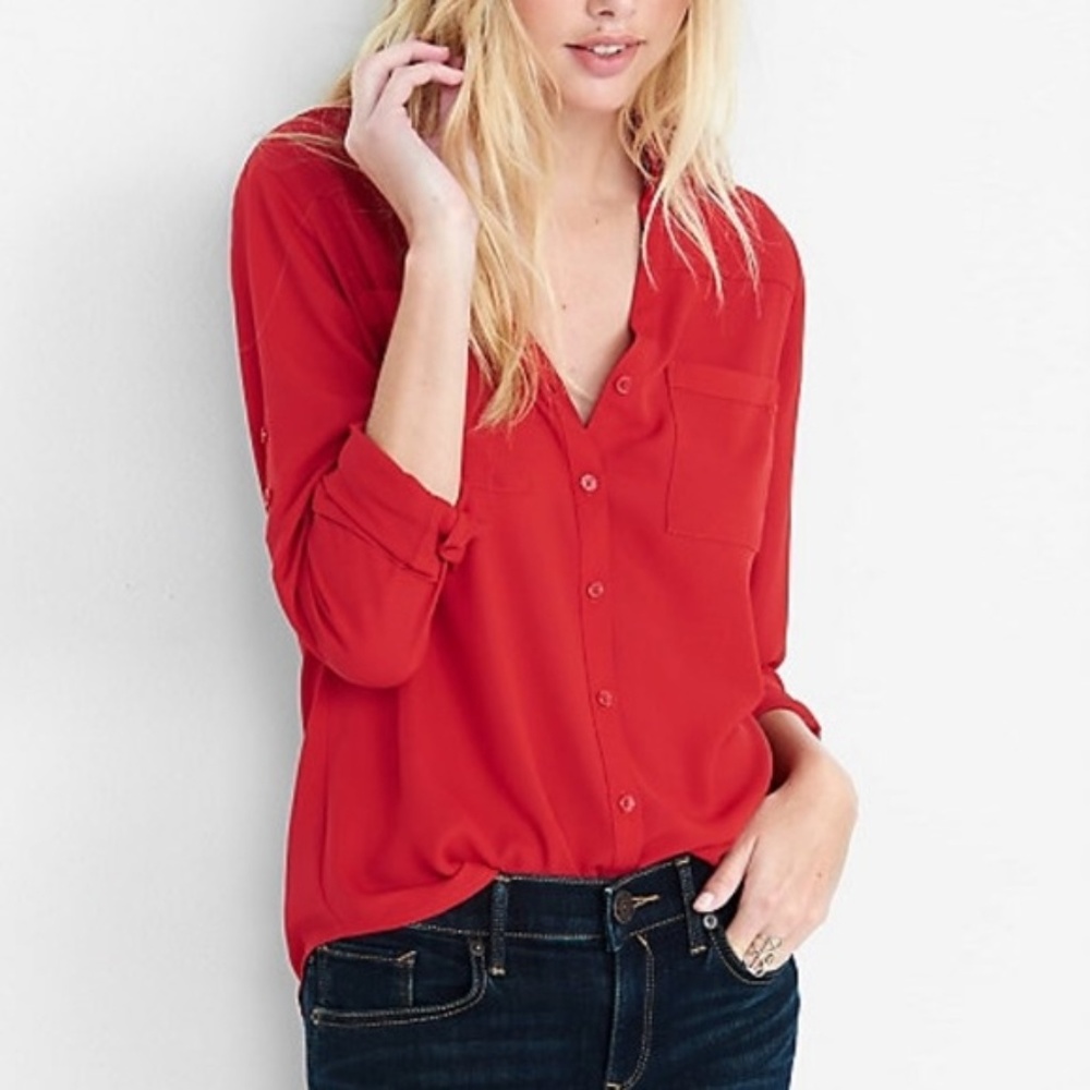 Express Portifino Red V Neck Long Sleeve Blouse